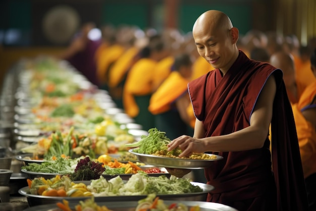 In einem buddhistischen Tempel bieten Gläubige als Akt der Ehrfurcht Nahrung an. Die Anordnung von Früchten und Blumen.