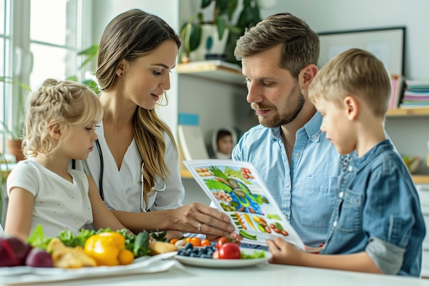 In einem Büro eines Ernährungswissenschaftlers sitzt eine Familie zusammen und untersucht eine visuelle Darstellung ihres Gleichgewichts