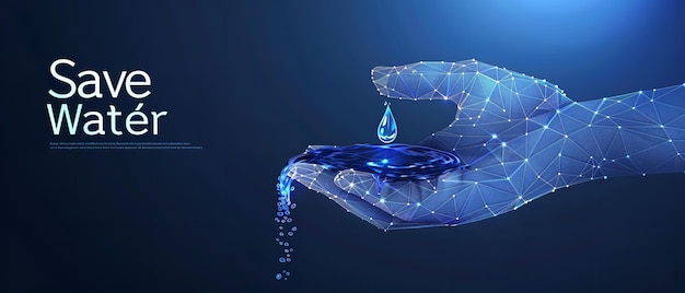 In einem dunklen Hintergrund eine abstrakte Drahtrahmen-Hand, die einen Tropfen Wasser hält, mit dem Schreiben "Save water" im Hintergrund mit Raum Generative KI