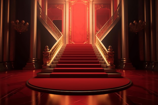 In einem dunklen Raum ist ein roter Teppich mit goldenen Akzenten ausgelegt.