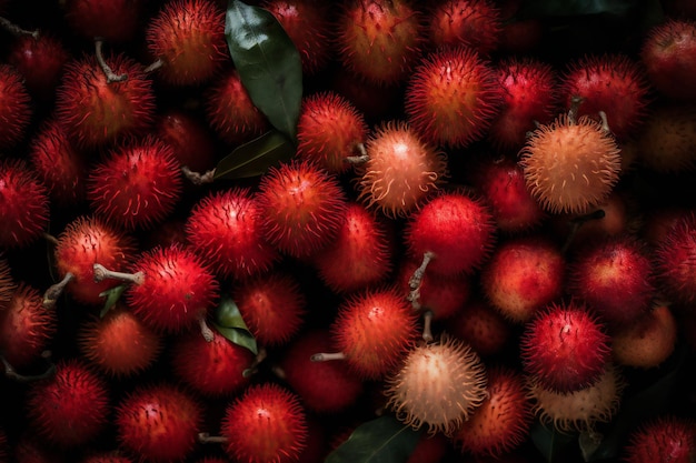 In einem dunklen Raum wird ein Bündel Rambutan-Früchte gezeigt.