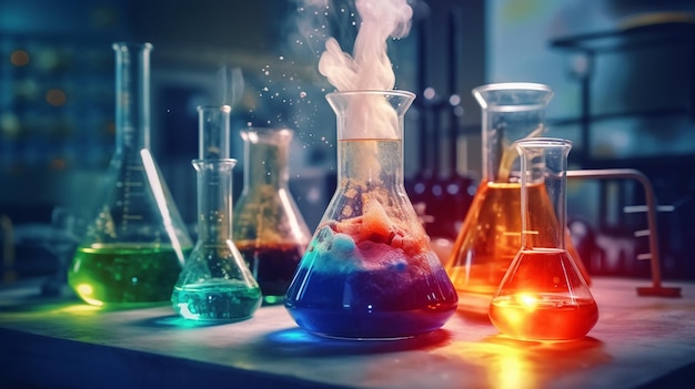 In einem dunklen Raum wird ein Chemieexperiment mit einer bunten Flüssigkeit im Becherglas gezeigt