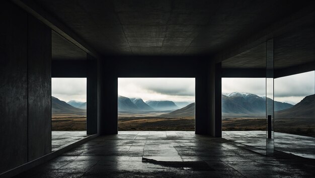 In einem dunklen und leeren Raum befindet sich ein Spiegel, der eine Landschaft widerspiegelt