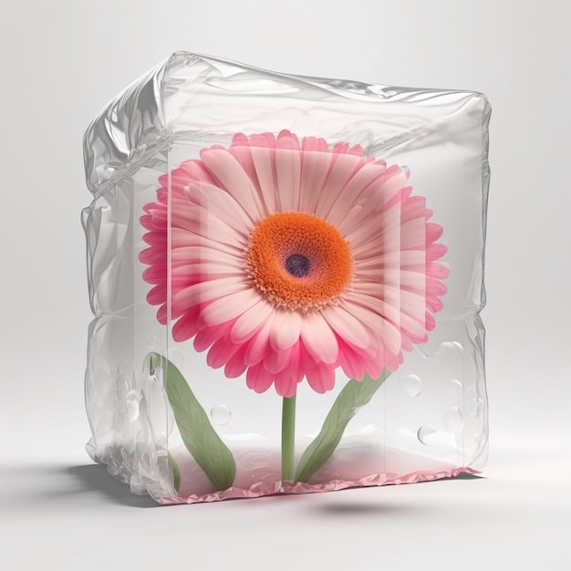 In einem durchsichtigen generativen Plastikblock befindet sich eine rosa Blume