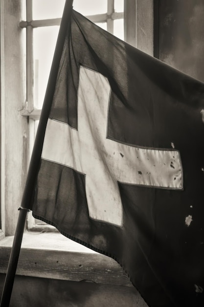 In einem Fenster ist ein Kreuz auf einer Flagge zu sehen.