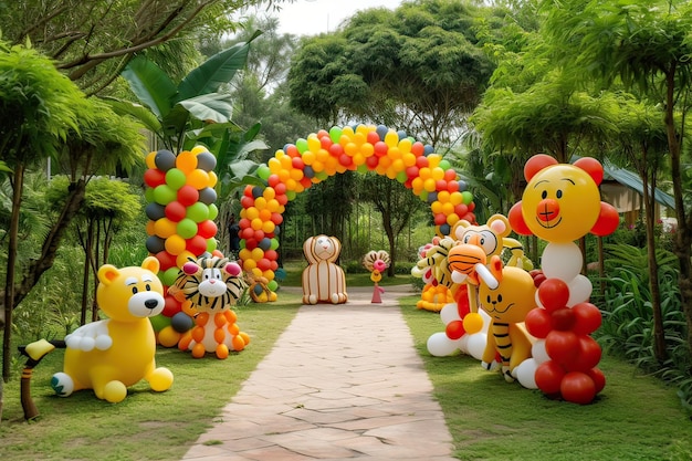 In einem Garten sind eine große Anzahl von Ballons in der Form verschiedener Tiere ausgestellt.