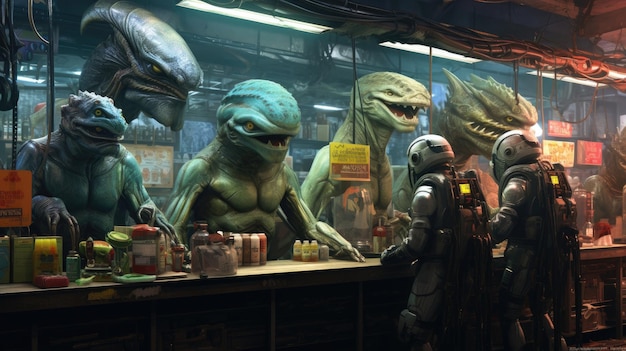 In einem Geschäft ist eine Gruppe außerirdischer Figuren ausgestellt.