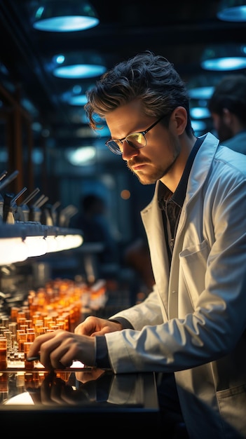 In einem geschäftigen Labor zieht sich ein hübscher 30jähriger Techniker einen Labormantel an, der in seiner Arbeit vertieft ist und mit generativer KI ausgestattet ist.