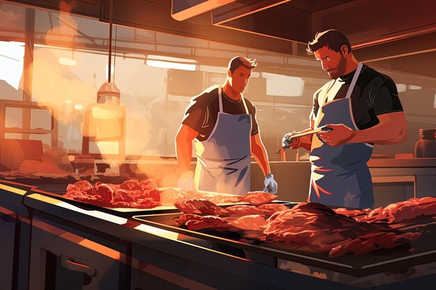In einem grillenden BBQ-Gemeinschaft grillen geschickte Angestellte geschickt saftige Fleischstücke, die mit KI generiert werden.