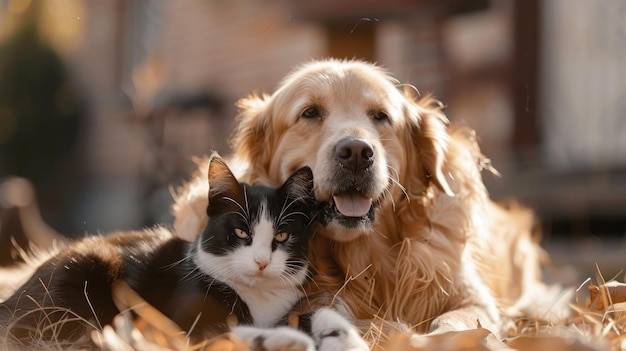 In einem harmonischen Moment liegen ein Hund und eine Katze zusammen auf dem Rücken und teilen sich spielerische Gesellschaft
