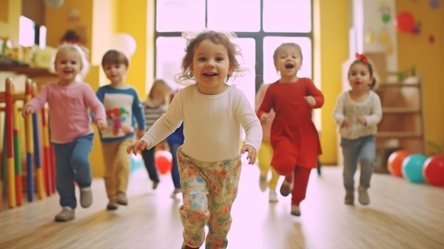 In einem Kindergarten drinnen vergnügen sich eine Menge amüsierter Kinder mit generativer KI