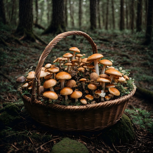 In einem Korb gesammelte Waldschätze-Pilze