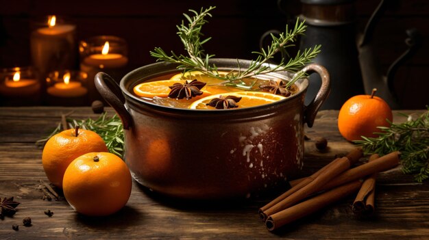 Foto in einem kupfertopf erhitzter apfelwein mit orangen