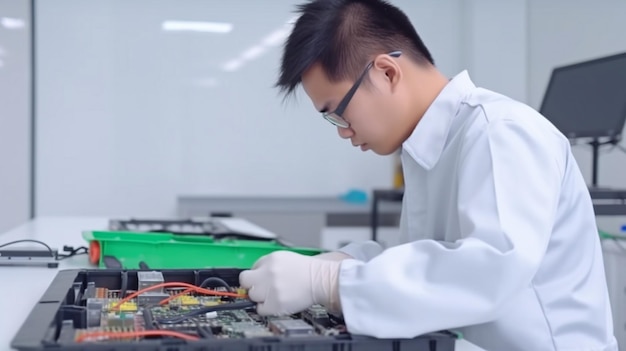 In einem Labor arbeitet ein Ingenieur oder Techniker mit einem Modul für Batteriezellen für E-AutosGenerative KI