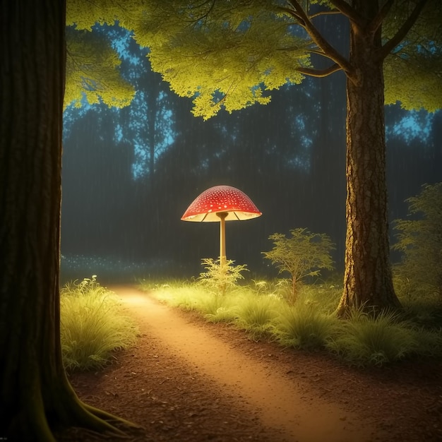 In einem magischen Wald leuchtet ein Pilz unter dem Zauber Generative AI