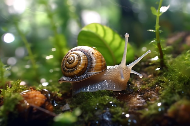 Foto in einem moosigen wald ist eine schnecke zu sehen.