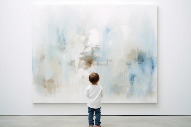 In einem Museum sitzt ein kleiner Junge vor einem großen Werk moderner Kunst, das von einer KI generiert wurde.