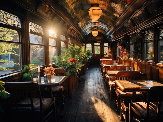 In einem Raum eines Eisenbahnwaggons im Stil aufwendiger Holzarbeiten mit Tischen und Stühlen scheint Sonnenlicht durch die Fenster der generativen KI