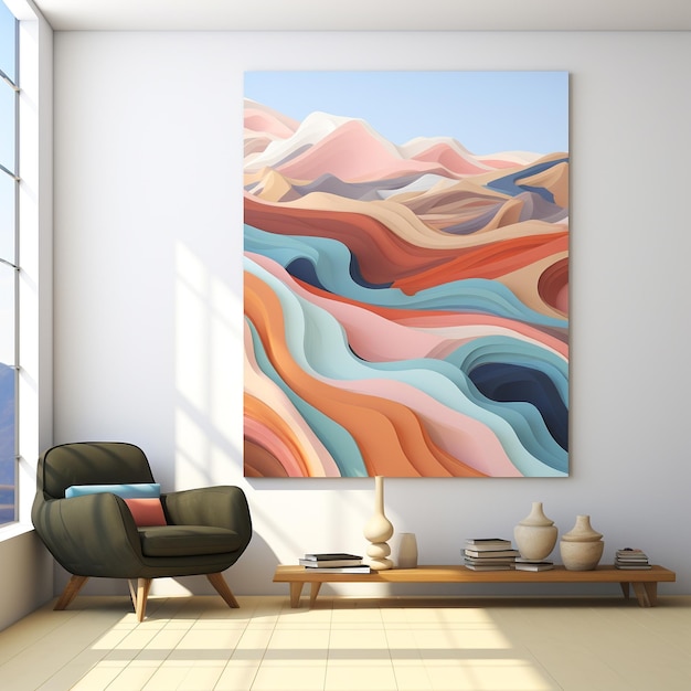 In einem Raum mit einem Stuhl und einem Tisch hängt ein Gemälde einer Strandszene an der Wand