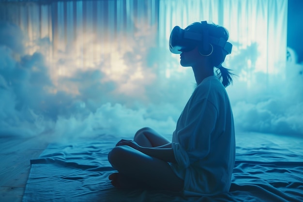 In einem ruhigen wolkenähnlichen Ambiente erkundet ein Individuum den inneren Frieden durch VR-Meditation.