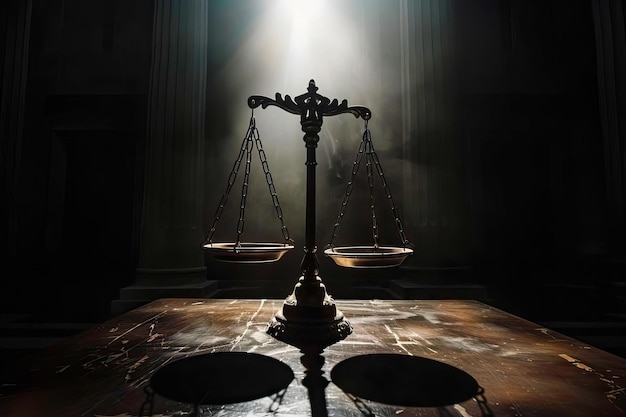 In einem schwach beleuchteten Gerichtssaal steht auf einem Holztisch eine Waage der Gerechtigkeit