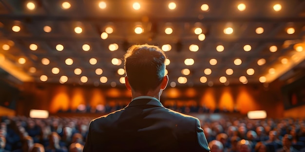 In einem schwach beleuchteten Konferenzsaal befragt ein Mann einen Redner Konzept Unternehmensveranstaltung Interaktion des Publikums Rückmeldungen des Moderators