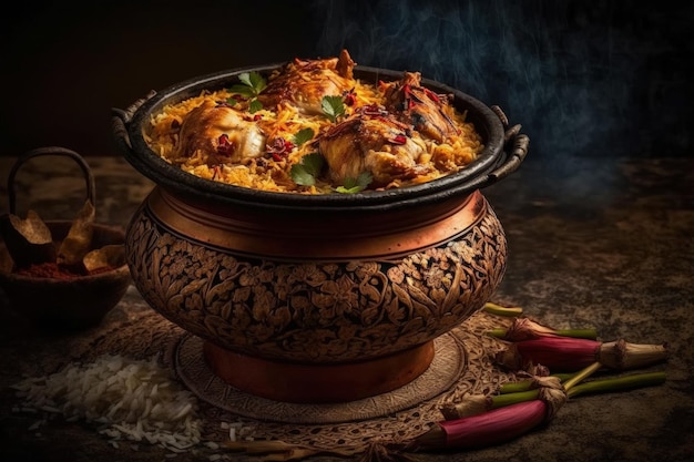 In einem traditionellen Topf köstliches und würziges Chicken Biryani