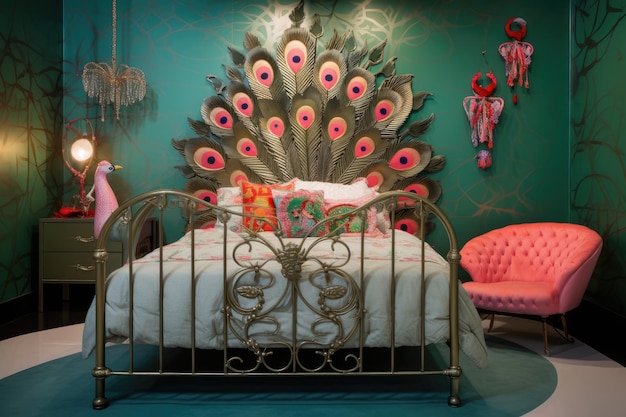In einem trendigen Mädchenzimmer gibt es ein einzelnes Metallbett, geschmückt mit lebendigen und gemusterten Kissen.