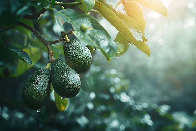 In einem tropischen Avocado-Garten werden gesunde grüne Avocadofrüchte von schönen grünen Bäumen angehängt, während die Sonne durch das Grün und den Raum schimmert.