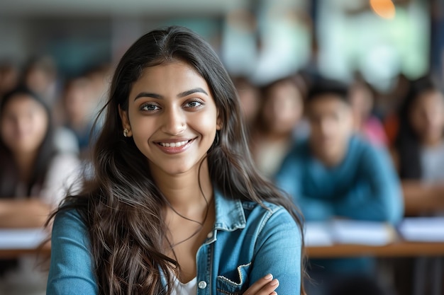 In einem Universitätsklassenzimmer leitet eine erfahrene Inderin eine Gruppe von College-Studenten im Bereich Generative KI