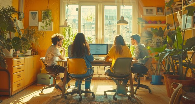 In einem warmen, sonnigen Raum findet eine dynamische Brainstorming-Sitzung mit vier kreativen