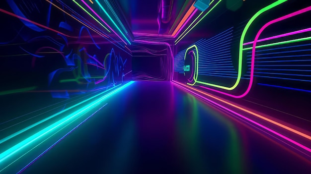 In einer dunklen Halle moderne, mehrfarbige, neonleuchtende LED-Streifen an Wand und Boden