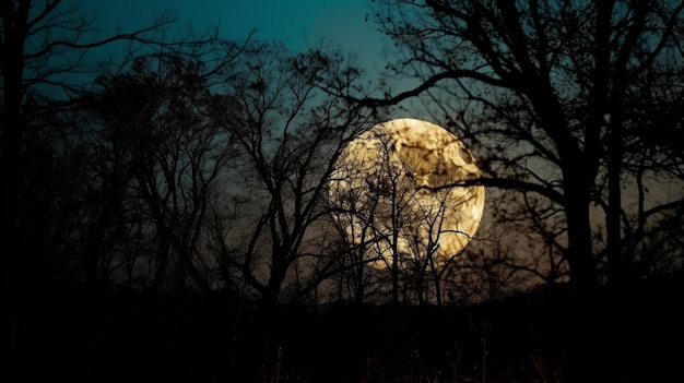 In einer dunklen Nacht ist ein Vollmond durch die Bäume zu sehen.