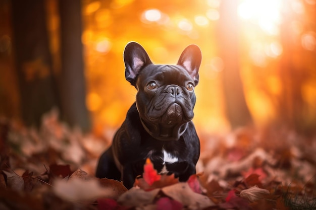 In einer Falllandschaft gibt es eine schwarze französische Bulldogge