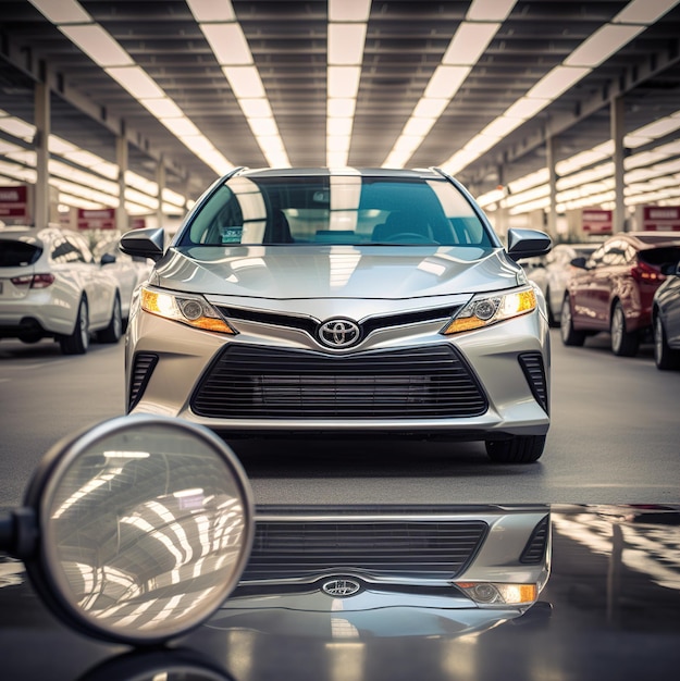 In einer garage steht ein auto mit einem spiegel, auf dem „toyota“ steht.