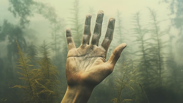 In einer generativen Wald-KI hält jemand seine Hand in die Luft