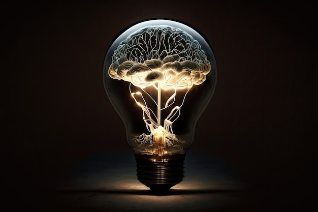 In einer Glühbirne befindet sich ein leuchtendes menschliches Gehirn vor einem dunklen Hintergrund
