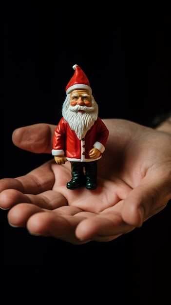 In einer Hand wird eine kleine Weihnachtsmannfigur gehalten