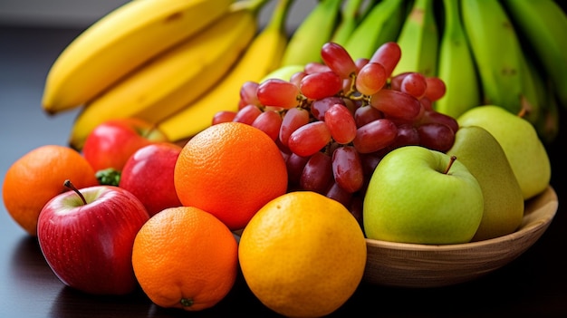 In einer Holzschale wird ein Korb mit Bananen, Äpfeln und Orangen ausgestellt.