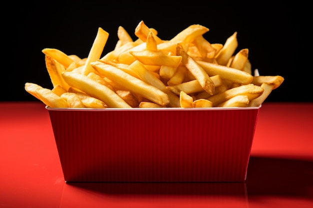 In einer isolierten roten Kiste befinden sich köstliche Pommes Frites in einer verlockenden Ausstellung