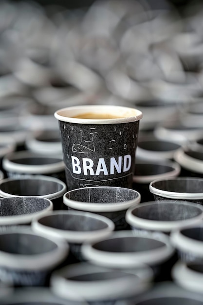 In einer Nahaufnahme wird eine Kaffeetasse mit dem Wort BRAND aufgelegt und in einen endlosen Haufen grauer Papiertassen gelegt