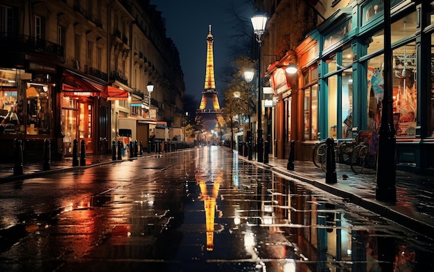 In einer Pariser Straße bei Nacht reflektierte generative KI