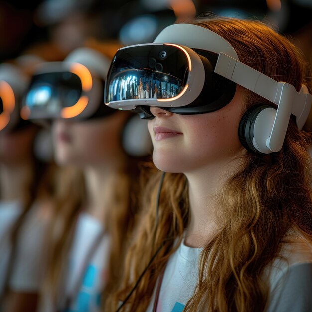 Foto in einer schule der zukunft wird die bildung durch vr-brillen zum leben erweckt, die die schüler in das wissen eintauchen 169