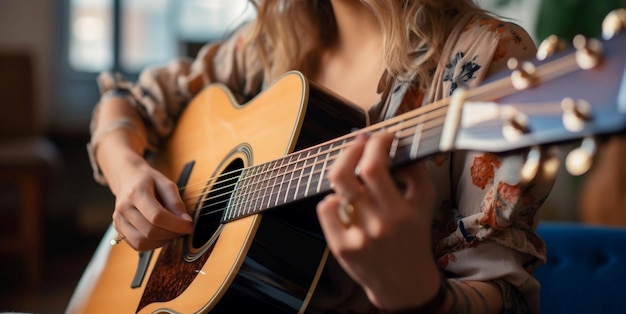 In einer Seitenansicht ist eine Musikerin zu sehen, die geschickt auf einer akustischen Gitarre spielt