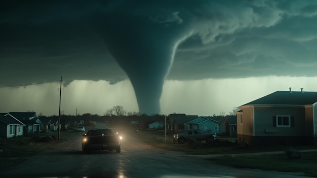 Foto in einer stadt in der ferne ist ein großer tornado zu sehen.