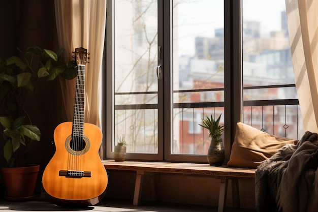 In einer städtischen Wohnung verleiht eine klassische Gitarre der Modernität einen zeitlosen Charme