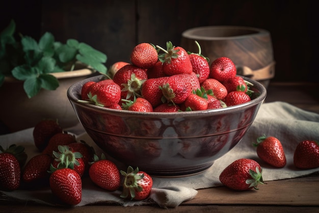 In einer Vintage-Schüssel ungekühlte organische Erdbeeren die Idee von Komfort und Innenarchitektur Urlaubsmorgen im Dorf gemäßigt Ton die Sommerverandan Innenraum das Land im Sommer