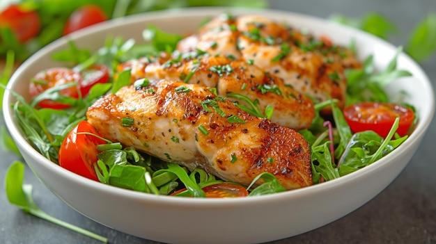 In einer weißen Schüssel gegrillte Fischfilets mit frischem Gartensalat oben