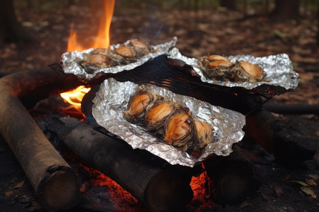 In Folie eingewickelte Austern kochen auf heißen Lagerfeuerkohlen, die mit generativer KI erzeugt wurden