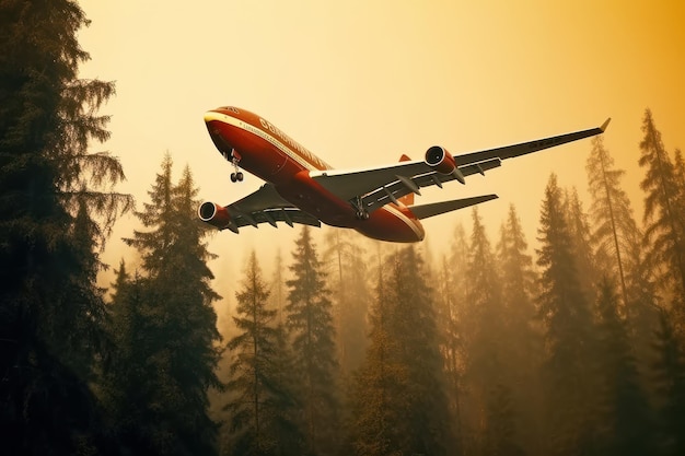 In geringer Höhe fliegende Rettungslöschflugzeuge löschen Waldbrände, indem sie Wasser auf Bur schütten